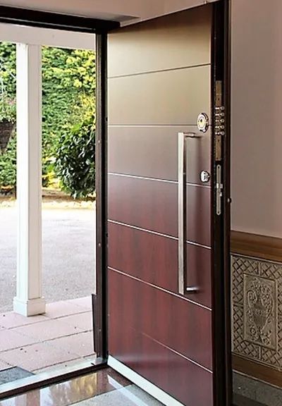 Wooden Security Doors - Fortified Estate Panel Door Design, Door Protection, Single Door Design, Security Doors, Wood Exterior Door, Door Design Modern, Main Door Design, Front Door Colors, Front Door Design