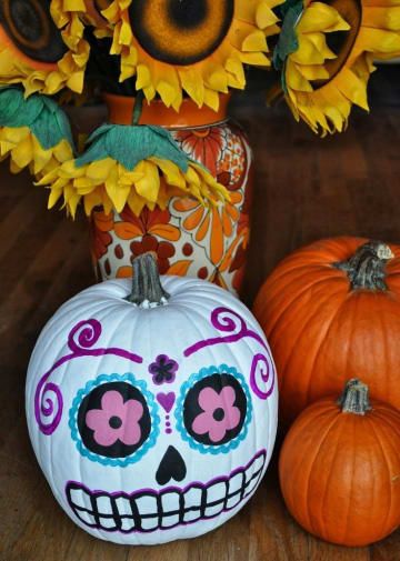 40 Día De Los Muertos Activities For The Whole Family Diy Day Of The Dead, Sugar Skull Crafts, Sugar Skull Pumpkin, Day Of The Dead Diy, Sugar Skull Painting, Unique Halloween Decorations, Scary Halloween Decorations Diy, No Carve Pumpkin Decorating, Skull Crafts