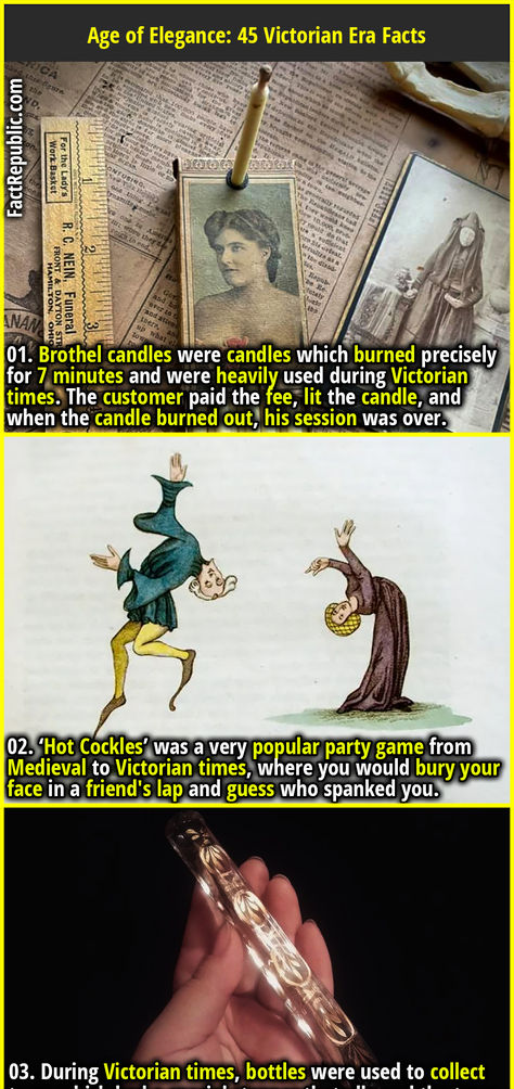 01. Brothel candles were candles which burned precisely for 7 minutes and were heavily used during Victorian times. The customer paid the fee, lit the candle, and when the candle burned out, his session was over. Victorian Era Facts, Fact Republic, Victorian Life, Victorian Times, Trivia Facts, Random Facts, 7 Minutes, Read Later, Garage Design