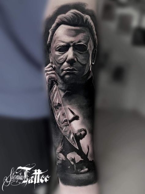 Michael Myers Sleeve Tattoo, Micheal Myers’s Tattoo, Halloween Michael Myers Art, Scary Movie Tattoos Sleeve, Micheal Myers Tattoo Design, Michael Myers Tattoo Design, Horror Movie Tattoos Sleeve, Horror Sleeve Tattoo, Tattoos Dark Art