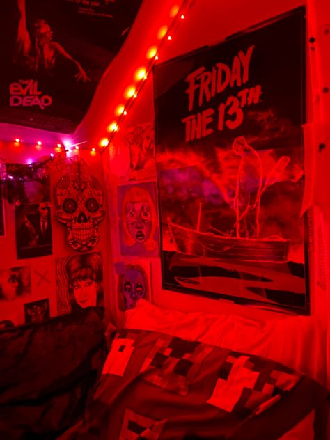 my room so far, i need more cool posters and stuff #goth #gothichomedecor #red #velvet #aesthetic #halloween Red Goth Room, Pink Goth Bedroom, Horror Bedroom, Goth Room, Red Velvet Aesthetic, Gothic Decor Bedroom, Red Goth, Red Grunge, Goth Bedroom