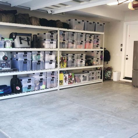 Garage Storage Bins, Garage Storage Inspiration, Basement Organization, Garage Organisation, Clear Storage Bins, Storage Bins Organization, Garage Renovation, Clean Garage, Garage Storage Solutions