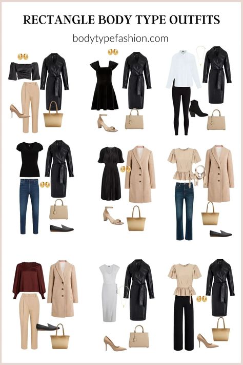 How to dress a tall rectangle shape - Fashion for Your Body Type Fashion Style For Rectangle Body Shape, Rectangle Body Capsule Wardrobe, Rectangle Capsule Wardrobe, Capsule Wardrobe For Rectangle Shape, Tall Rectangle Body Shape Outfits, Lean Column Body Shape Outfits, Capsule Wardrobe Rectangle Body Shape, How To Dress Rectangle Body Shape Outfit, Rectangle Figure Outfits