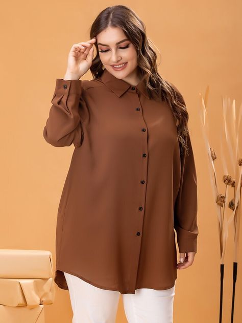 Free Returns ✓ Free Shipping On Orders $49+ ✓. Plus Solid Curved Hem Blouse- Plus Size Blouses at SHEIN. Women Shirt Designs, Shirt Design For Girls, Plain Tunic, Curved Hem Shirt, High Low Blouse, Hem Blouse, Plain Shirts, Inspiration Mode, Plus Size Blouses