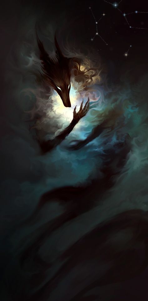 ArtStation - Catching clouds, Olha Riaboshapka Shadow Wolf, Fantasy Wolf, Sacred Stones, Fantasy Paintings, Mystical Creatures, Magic Book, Arte Animal, Monster Art, Dark Fantasy Art