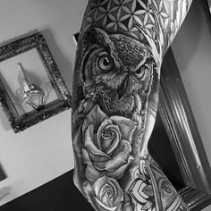 Flower Of Life With Rose Flower And Owl Mens Sleeve Tattoos Tattoo Arm Mens, Mens Owl Tattoo, Realistic Owl Tattoo, Owl Tattoo Sleeve, King Tattoo, Plan Image, King Tattoos, Owl Tattoo Design, Tattoos Geometric