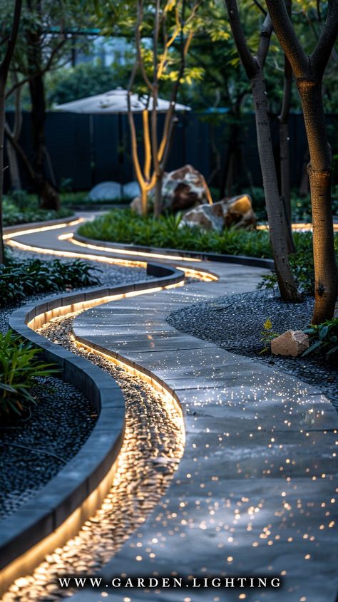 a close up of a pathway with lights on it in a park Modern Backyard Landscaping, Desain Lanskap, التصميم الخارجي للمنزل, Modern Backyard, Outdoor Gardens Design, Outdoor Decor Backyard, Led Outdoor Lighting, Garden Path, Backyard Patio Designs