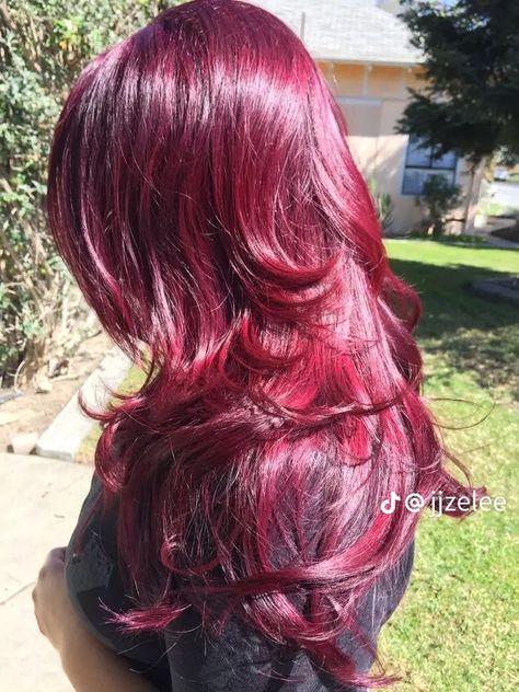 Plum Red Hair Color Highlights, Purple Ish Red Hair, Magohany Hair Color, Bungurdy Hair, Purple Red Dark Hair, Purple Red Hair Burgundy, Layered Burgundy Hair, Burgundy Violet Hair, Light Maroon Hair