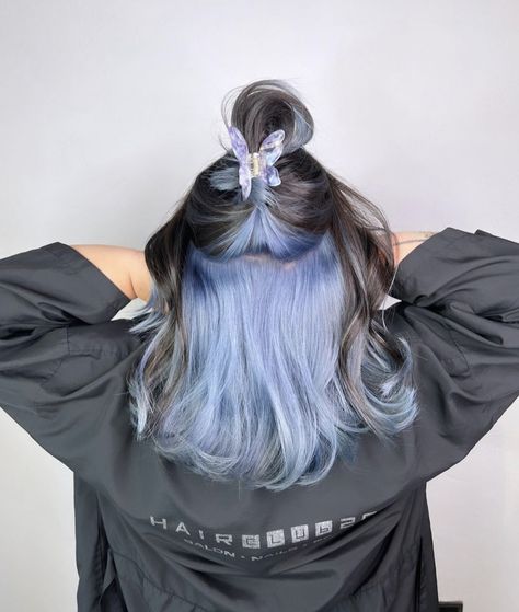 Blue Hair Underneath, Ash Blue Hair, Periwinkle Hair, Under Hair Color, Hair Dyed Underneath, Sky Blue Hair, Baby Blue Hair, Blue Grey Hair, Blue Hair Highlights