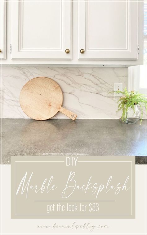 Marble Looking Backsplash, Concrete Countertops Marble Backsplash, Countertop Lip Backsplash, Easy Clean Backsplash Kitchen, Faux Kitchen Backsplash, Budget Kitchen Backsplash Ideas, Laminate Sheet Backsplash, Clean Backsplash Kitchen, No Grout Kitchen Backsplash