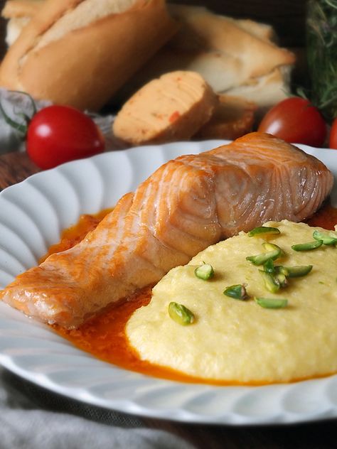 Grilled Scottish Salmon with Creamy Polenta, Pistachios & Tomato Butter | Elizabeth's Kitchen Diary Scottish Salmon Recipe, Sushi Recipe Video, Kitchen Diary, Salmon Fish Cakes, Mango Salsa Salmon, Smoked Salmon Salad, Scottish Salmon, Tomato Butter, Salmon Spinach