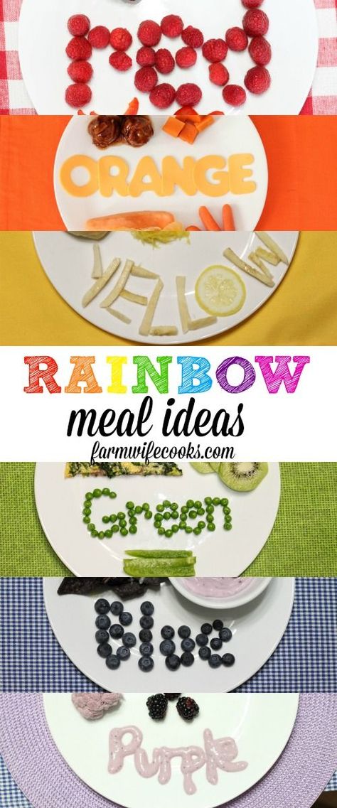 Rainbow Meal Ideas. A dinner for every color of the rainbow! Perfect way to celebrate and learn about colors. Rainbow Dinner, Try New Food, Making A Cookbook, Try New Foods, Toddler Dinner, Kids Cookbook, Yellow Foods, Rainbow Food, Potluck Dishes