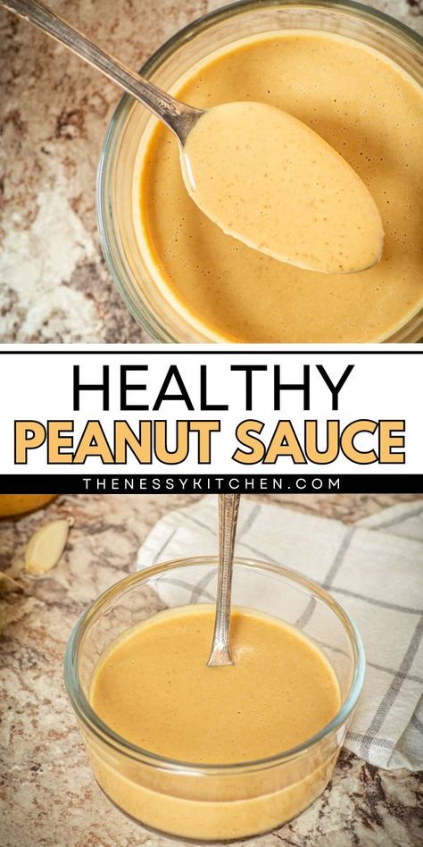 Try this simple sauce idea! This peanut butter sauce is an easy homemade condiment. Wholesome yet full of flavor, this healthy peanut sauce recipe is a winner! Use it as a dipping sauce for spring rolls, drizzling over a stir fry, a topping for noodles, and more! Healthy Peanut Sauce, Easy Peanut Sauce, Easy Sauce Recipe, Homemade Peanut Sauce, Healthy Protein Bars, Vegetable Dips, Peanut Sauce Recipe, Thai Peanut Chicken, Thai Peanut Sauce