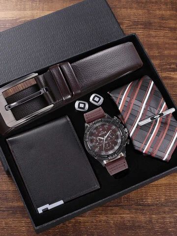 5 Pcs Men Business Watch Set Leather Quartz Watch Belt Wallet Cufflinks Tie Gift Kit online - NewChic Mobile Top Watches For Men, Belt Wallet, Cheap Watches For Men, Gift Box For Men, Watch Cufflinks, Watch Belt, Watch Set, Cadeau Photo, Tie Gifts