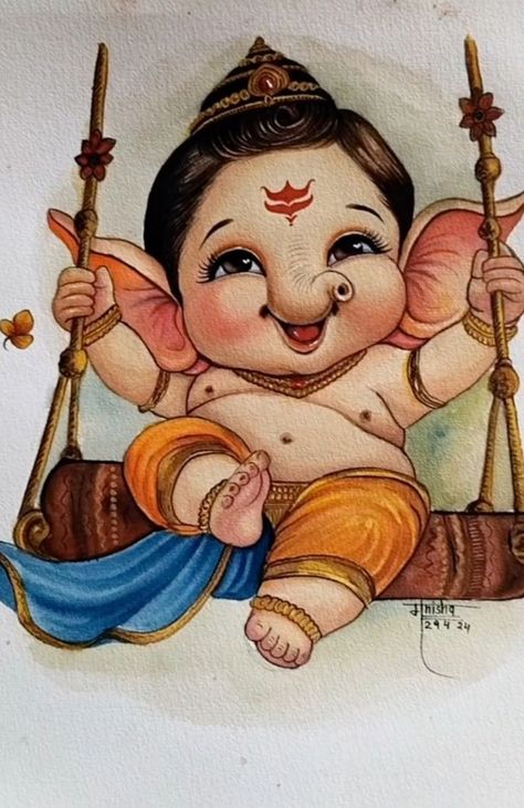 Cute Bappa Drawing, Ganesh Drawing Painting, Ganpati Ji Painting, Lord Krishna Beautiful Images, Little Ganesha Cute Drawing, Ganesh Ji Cute Drawing, Cute Ganesha Drawing For Kids, Ganpati Ji Drawing, Little Ganesha Drawing