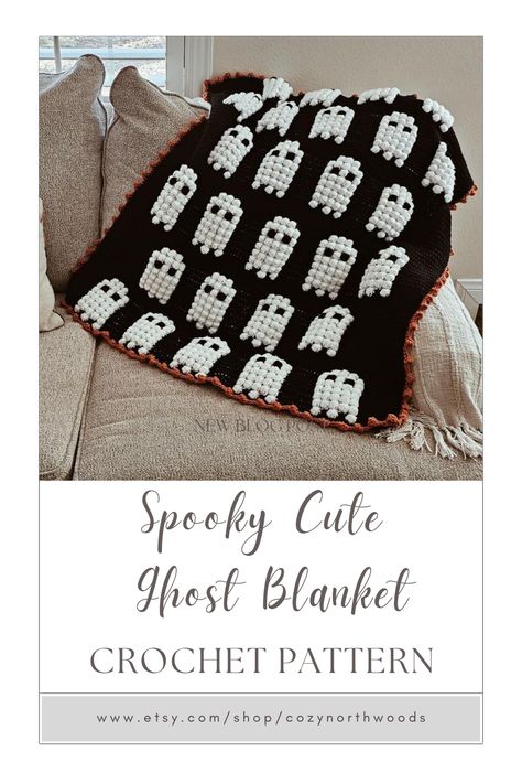 This blanket can be made large or small and is made by coloring-working single crochet stitches with bobble stitches to create the adorable spooky ghosts. Crochet Ghost Square, Ghost Crochet Pattern Blanket, Crochet Halloween Throw, Crochet Ghost Motif, Haunted House Crochet Blanket, Bobble Crochet, Crochet Wall Hangings, Halloween Crochet Patterns, Bobble Stitch