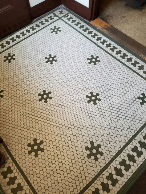 1906 tile floor in Firehouse 43 Chicago, IL (2016) Floor Tiles Hallway, Tiles Hallway, Hallway Tiles Floor, Vintage Bathroom Tile, Wallpaper And Tiles, Tiled Hallway, Hex Tile, Interior Design School, Interior Wallpaper