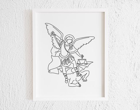 St Michael Minimalist Tattoo, St Michael Drawing, Saint Michael Drawing, Saint Illustration, Jesus Christ Drawing, Archangel Michael Tattoo, Wall Line Art, St Michael Tattoo, Doodle Wall