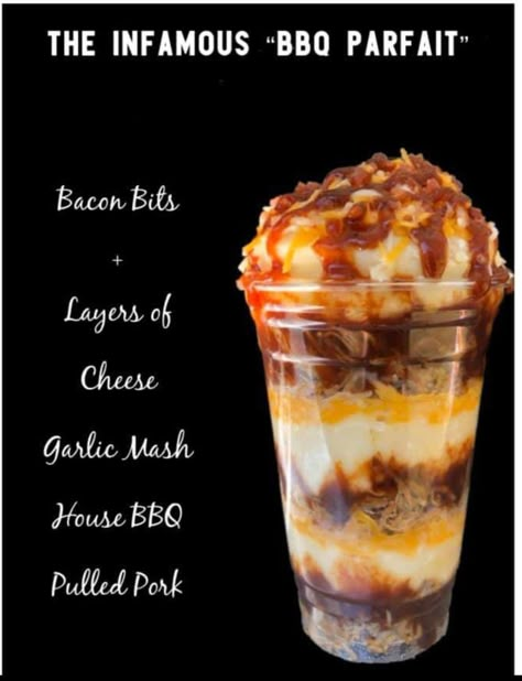 Food Truck Lunch Ideas, Food Truck Desert Ideas, Southern Food Truck Recipes, Bbq Trailer Ideas Food Truck, Bbq Truck Ideas, Pulled Pork Sundae, Bbq Parfait Pulled Pork, Food Trailer Food Ideas, Food Truck Recipes Copycat