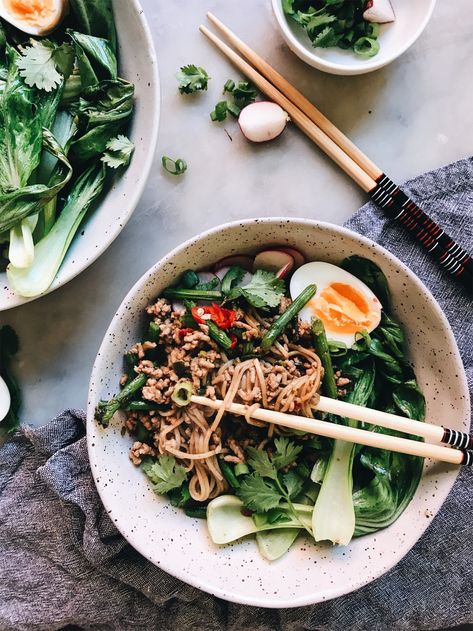 Bok Choy and Pork Soba Noodle Bowl | The Healthy Hunter Take Out At Home, Homemade Asian Food, Soba Noodle Bowl, Soba Noodle, Asian Pork, Chinese Cooking Wine, Easy Asian Recipes, Lo Mein, Soba Noodles