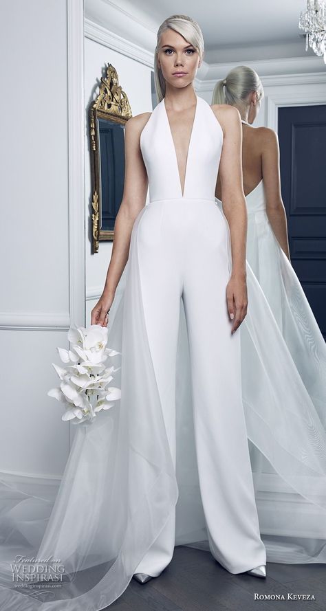 romona keveza fall 2018 bridal sleeveless halter deep v neck simple clean modern jumper wedding dress chapel train (9) mv -- Romona Keveza Collection Bridal Fall 2018 Wedding Dresses #wedding #bridal #weddings Wedding Suits For Bride, White Beach Wedding Dresses, White Jumpsuit Wedding, Prom Jumpsuit, Wedding Pantsuit, Wedding Dress Black, Romona Keveza, Reception Outfit, Plus Size Wedding Gowns