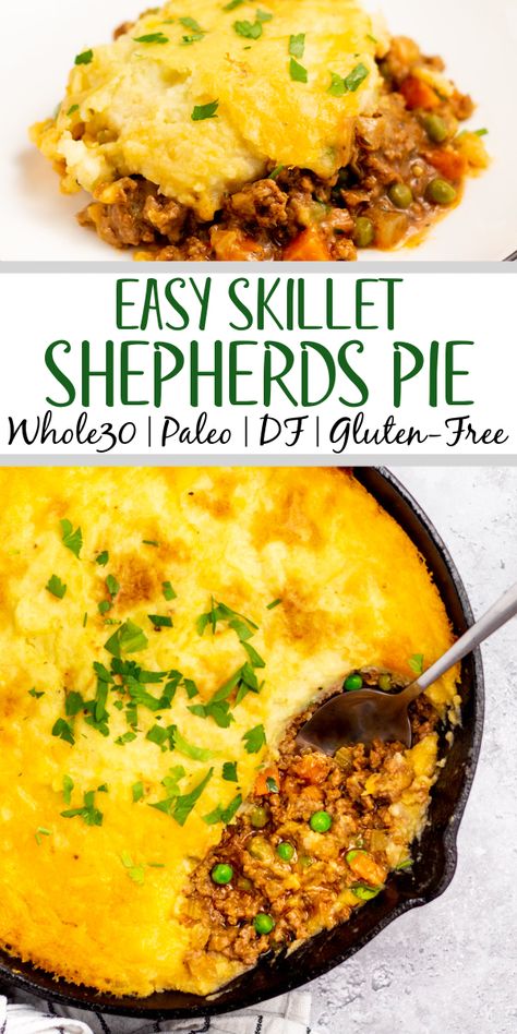 This Whole30 Shepherd's Pie recipe is baked in an oven proof skillet which makes the cooking process simple and easy. It's also a budget-friendly ground beef recipe that's paleo, gluten-free, dairy-free and can be made low carb. With vegetables like carrots, onions, celery and peas mixed in with a flavorful gravy, the filling is a perfect companion for the creamy mashed potatoes. It's a hearty, cozy recipe that's family friendly and also great for meal prep! #groundbeefrecipes #whole30beef Gluten Free Shepards Pie, Paleo Shepards Pie, Healthy Shepards Pie, Ground Beef Paleo Recipes, Whole30 Lunch, Whole30 Dinner, Shepherd's Pie Recipe, Ground Beef Recipe, Ground Beef And Potatoes