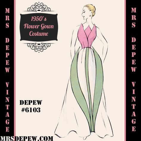 D-A-H Vintage Sewing Pattern 1950s Costume Flower Tulip Gown in Any Size - PLUS Size Included - 6103 1950’s Costume, Costume Fleur, 1950s Costume, French Costume, Flower Gown, Flower Tulip, Flower Costume, Pattern Template, Tulip Dress