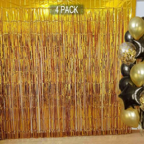 4 gold foil fringe curtains (3.2ft x 8.2ft each).  Perfect party backdrop for weddings,  NYE, & more! Easy to hang. Adds glamour! Gold Fringe Backdrop, Backdrop Streamers, Streamers Backdrop, Gold Streamers, Tinsel Backdrop, Fringe Curtains, Backdrop Curtains, Streamer Backdrop, Gold Backdrop