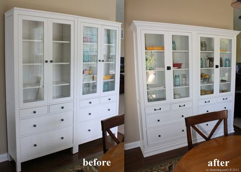 Cabinet built iun made with two ikea HEMNES Glass-door cabinets with 4 drawers, white, molding and replaced hardware. There seem to be lots of ways to make built ins affordably. I would love to turn a wall of bookshelves into similar great storage. Ikea Hemnes Cabinet, Ikea Hemnes, Built In China Cabinet, Ikea Billy, Dining Room Hutch, Billy Bookcase, Ikea Hackers, China Cabinets, Custom Built Ins