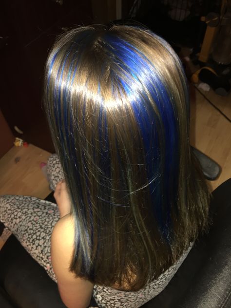 Blue highlights Hairstyles With Blue Highlights, Blue And Dark Blonde Hair, Colored Hair Streaks Brunette, Navy Blue Highlights In Brown Hair, Blonde And Navy Blue Hair, Brunette And Blue Hair, Blue Hair Dye On Brown Hair, Blue Highlights In Light Brown Hair, Light Brown And Blue Hair