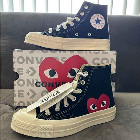 Converse Heart Shoes, Converse Play Comme Des Garcons, Converse X Comme Des Garcons, Eyes Graphic, Play Converse, Pretty Sneakers, Comme Des Garcons Converse, Whimsical Heart, High Top Shoe