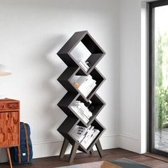 Unique Book Shelves, Funky Shelves, Geometric Bookshelf, Geometric Bookcase, Unique Bookshelves, Bookcase Wood, Geometric Construction, Modern Bookshelf, Affordable Modern Furniture