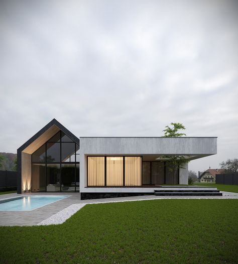 Private house on Behance Contemporary House Exterior Design, Modern Home Exterior, Contemporary House Exterior, Casa Country, Modern Barn House, Casas The Sims 4, Modern Ranch, Concrete House, Home Exterior