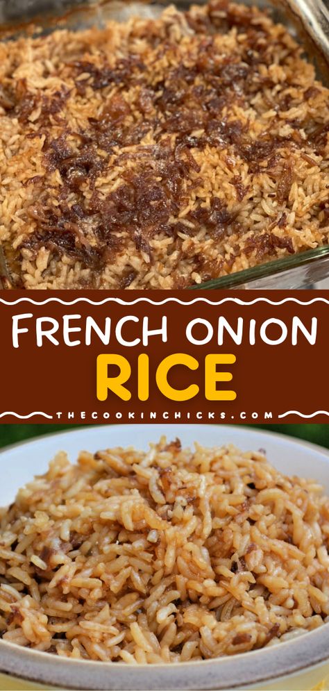 Want more yummy casserole recipes? Learn how to make French Onion Rice! It's easy to do with just 4 ingredients. Rich and creamy, this french onion soup rice is a delicious side dish everyone will love! Essen, Recipe Using French Onion Soup, Onion Rice Recipe, Rice Recipes Side, Rice Sides, Onion Rice, Rice Dishes Recipes, Simple Sides, The Cookin Chicks