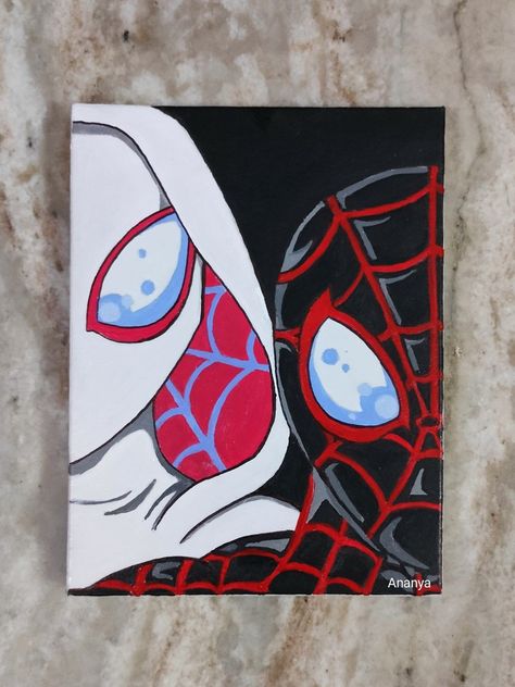 Spiderman And Spider Gwen Painting, Morales And Gwen, Spider Man And Gwen Painting, Spiderman Posca Art, Spidergwen Painting, Spider Man And Gwen Drawing, Spiderman And Spider Gwen Drawing, Poster Board Drawing Ideas, Venom And Spiderman Drawing