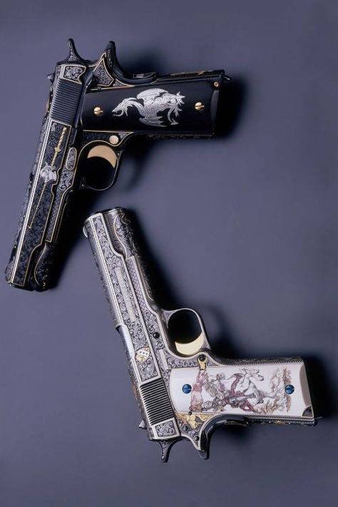 St George and the Dragon matched pair of 1911 pistols. Black, Arsenal Fc, Steampunk Tendencies, Pretty Knives, Tactical Gear, Arsenal, Otaku, Ghost, Silver