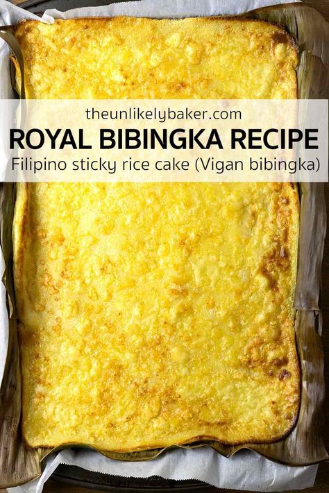 Royal bibingka is a variety of Filipino rice cake popular in the Ilocos region and is made of glutinous rice flour, coconut milk, eggs and cheese. It’s chewy and sticky, not too sweet, delicious! Check out the authentic recipe with lots of tips, FAQs and step-by-step photos for perfect royal bibingka every time. Filipino Rice Cake, Filipino Rice, Bibingka Recipe, Ilocos Region, Easy Filipino Recipes, Cassava Cake, Eggs And Cheese, Filipino Food Dessert, Pinoy Recipes