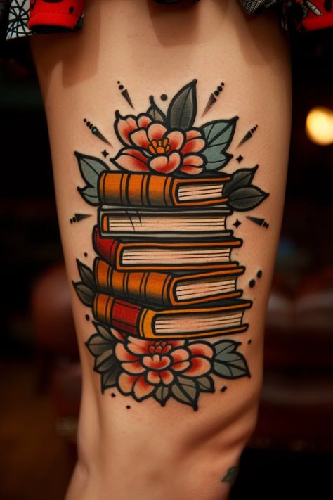 Books Tattoo Ideas Small Neo Traditional Tattoo Designs, Neo Traditional Book Tattoo, Books Tattoo Ideas, Tattoo Ideas With Flowers, Bookshelf Tattoo, Book Lover Tattoo Ideas, Lover Tattoo Ideas, Book Tattoo Ideas, Book Inspired Tattoos