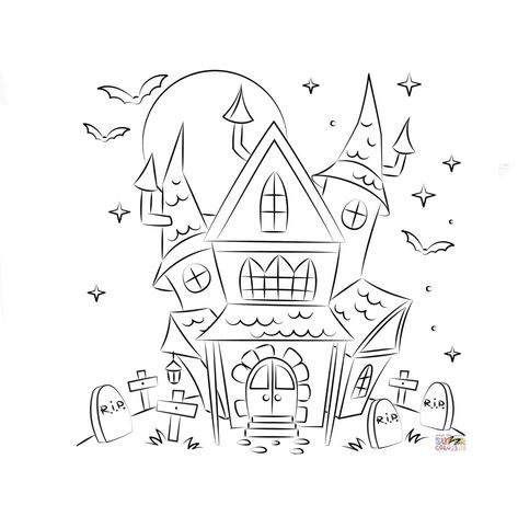 Haunted House Ideas Drawing, Haunted House Doodle, Halloween Haunted House Drawing, Haunted House Coloring Page, Haunted House Coloring, Haunted House Tattoo, Haunted House Drawing, Goth Tattoos, Simple House Drawing