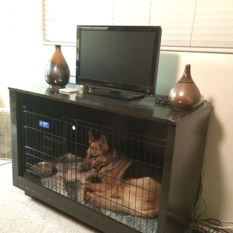 DIY Furniture dog crate tv stand dog bed Decorated Dog Cage, Dog Crate Tv Stand, Diy Furniture Dog Crate, Crate Tv, Furniture Dog Crate, Crate Tv Stand, Dog Crate Ideas, Tv Stand Plans, Dog Boredom