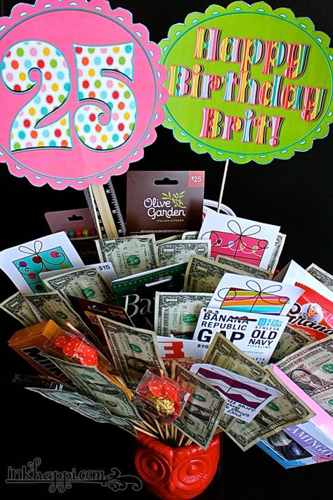 Birthday gift basket ideas with free printables! 25th Birthday Ideas For Her, 21st Birthday Basket, Birthday Gift Basket, Gift Card Holder Diy, Birthday Present For Boyfriend, Gift Baskets For Him, Hubby Birthday, 25th Birthday Gifts, Birthday Basket