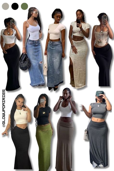 Maxi Jean Skirt Outfits Black Women, Y2k With Skirt, Jeans Top Outfit Ideas, Crop Top Over Dress Outfits, Street Skirt Outfits, Dress To School Outfit, Bodysuit And Jeans Outfits Black Women, Outfits Ideas With Long Skirts, Baggy Top And Skirt