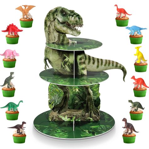 PRICES MAY VARY. Package Includes: you will receive 1 piece 3 tier dinosaur cupcake stand and 24 pieces dinosaur figures toys, the cupcake stand is about 17.2 inches in height, large tier measures about 11.8 inches in diameter, and middle tier is about 9.8 inches, small tier is about 7.9 inches, proper size can hold enough cupcake or dessert, you can also match it with other dinosaur decorations, which can add more active atmosphere for your dinosaur theme party Dinosaur Theme Design: this dinos Dinosaur Cupcake Stand, Dinosaur Jungle, Dessert Tower, Dinosaur Cupcake, Jungle Theme Birthday Party, Dinosaur Cupcakes, Jungle Theme Parties, Jungle Theme Birthday, Dinosaur Theme Party