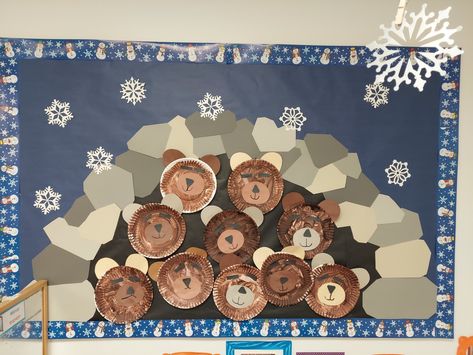 Bear Cave Bulletin Board, Bear Cave Preschool, Woodland Animal Bulletin Board Ideas, Hibernation Bulletin Board Ideas, Cave Bulletin Board, Preschool Hibernation Crafts, January Preschool Bulletin Boards, Bear Cave Craft, Snow Bulletin Board Ideas