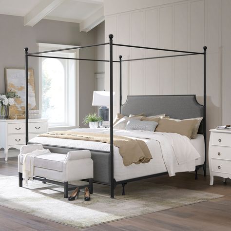 Low Profile Canopy Bed, Queen Size Canopy Bed, Gray Upholstered Headboard, Queen Canopy Bed, Bed Frame Sets, Simple Bed Designs, Metal Canopy Bed, Canopy Bed Frame, Fabric Canopy