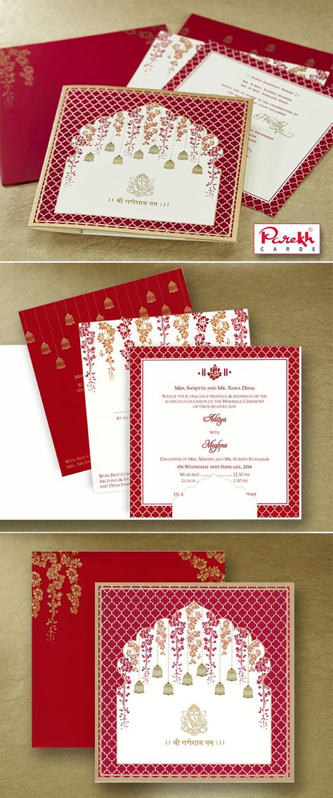 This beautiful traditional Indian invitation card is made from high-quality Ivory Cream textured paper board with matching mailing envelope with options of 3 different colorful inserts inside. Card front has beautiful floral design decorated with Bell which is outlined with golden foil. Ganesh on the front of the card is printed in Gold gives stunning look. Modern Hindu Wedding, Traditional Indian Wedding Cards, Wedding Card Indian, Indian Wedding Invitation Wording, Indian Invitation Cards, Hindu Wedding Invitation Cards, Wedding Card Design Indian, Hindu Wedding Invitations, Hindu Wedding Cards