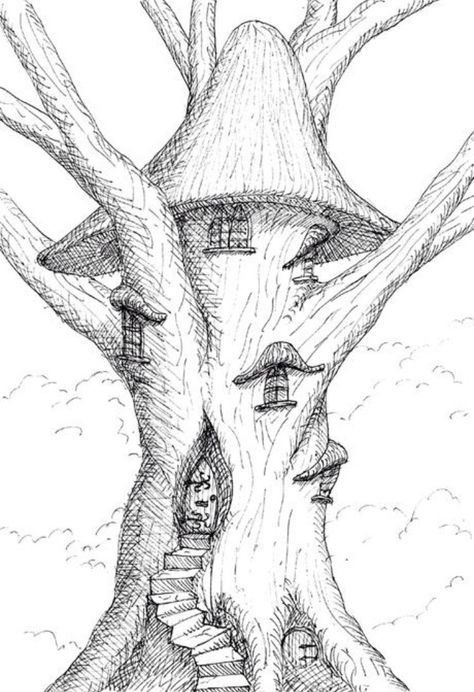 Drawing idea Tree House Drawing, Mushroom Tree, Tree Drawings, Fairy Tree Houses, Fairy Drawings, Garden Drawing, Fairy Tree, Fantasy Drawings, House Drawing