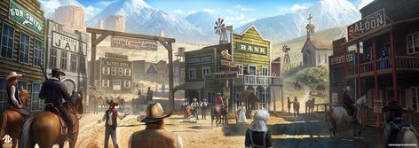 Bustling Town - Cowboys - Western | ArtStation - Gutshot Square, Deiv Calviz (David Villegas) Western Town Fantasy Art, Fantasy Western Town, Western Saloon Concept Art, Western Town Concept Art, Cattlepunk City, Wild West Town Concept Art, Dnd Western, Cowboys Western, Fantasy Western