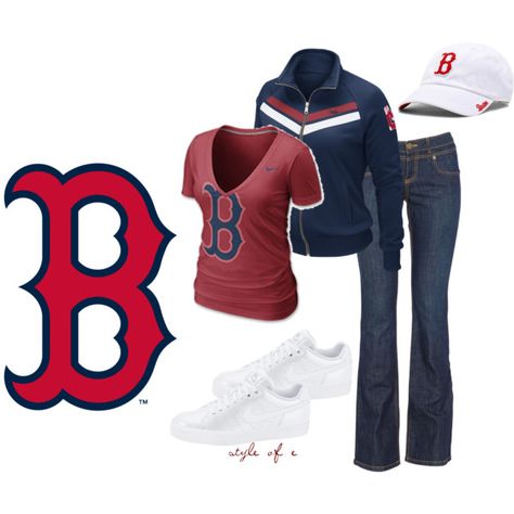 Opening Day: Boston Red Sox, created by styleofe on Polyvore Red Sox Outfit, Boston Red Sox Outfit, Neat Clothes, Boston Vacation, Outfit Boards, Red Sox Nation, England Sports, Outfit Choices, Red Socks Fan