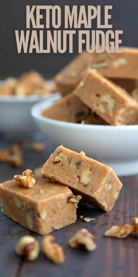 This Keto Maple Walnut Fudge has all the flavor of the classic treat with a fraction of the carbs. It's super creamy, with a rich maple flavor and crunchy walnuts in every bite! Maple Walnut Fudge, Maple Fudge Recipes, Walnut Fudge Recipe, Sugar Free Fudge, Maple Fudge, Low Carb Candy, Walnut Fudge, Keto Fudge, Keto Candy